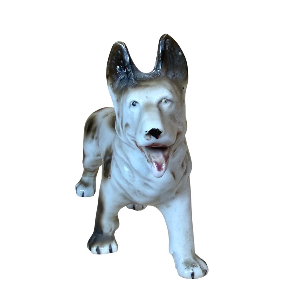 Vintage Made in Japan German Shepherd Porcelain Dog Figurine Spotted White Brown